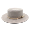 Close-up of woven straw hat featuring a leather band and geometric gold buckle detail - M (56-58cm) / Light Gray