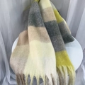 Thick mohair checkered scarf with tassels in yellow grey beige color variant - Beige Grey Rainbow