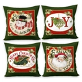 Vierteiliges Set Weihnachts-Kissenbezüge mit Weihnachtsmann- und Schneemann-Motiven auf Leinen - Rot und Grün Weihnachten Schneemann Schlitten Vierer Set