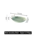 Green leaf ceramic jewelry tray with a small white bird figurine, 15cm length - Bird Jewelry Dish - Style 5 Green