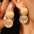 Golden Tree of Life drop earrings with sparkling rhinestones worn by a model - White Edged Gold Tree of Life Earrings (KC Gold White 9393)