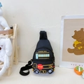 Kids black cartoon chest bag featuring a yellow school bus print with adjustable strap - Black