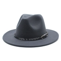 Detail shot of a charcoal grey wool fedora hat featuring a black faux leather buckled band - M (56-58cm) / Dark Gray