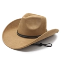 Classic camel faux suede cowboy hat with studded leather band and adjustable wind rope - M (56-58cm) / Camel