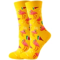 Funny yellow cotton mid-calf socks with pink flamingo and watermelon fruit patterns - Yellow Flamingo