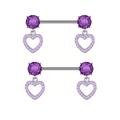 Silver stainless steel nipple rings set with purple heart pendants and shiny zircon gems - Purple Heart Pair