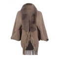 Brown knit poncho with faux fur collar and fringe tassels for casual autumn style - Khaki