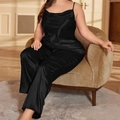 Conjunto de pijama de dos piezas de satén negro en tallas grandes con top y pantalón - 1XL / Negro