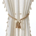 Boho jute curtain tieback with natural wooden beads and cream cotton tassels - Coffee Rope Round Bead Tieback