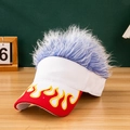 White flame visor hat featuring dense light blue synthetic wig hair and embroidery - White And Light Blue