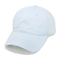 Detail of light blue cotton baseball cap with okey embroidery and distressed brim edge - Sky Blue