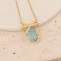 Golden necklace with blue rectangular gemstone pendant and sparkling butterfly detail - Rectangular Gem Bow Style (1#)