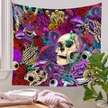 Detail of psychedelic cyberpunk tapestry featuring skull and mushroom on bedroom wall - Qy922-1 / 73X95CM (Brushed Fabric)