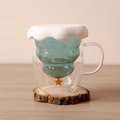 Taza de cristal de doble pared con forma de árbol de Navidad y tapa de nieve - Árbol de Navidad Verde de 300ml (Con Tapa)