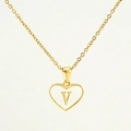 Golden heart necklace featuring a natural shell inlay with a minimalist letter V charm - Letter V