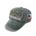 Detailed close-up of 1964 America embroidery on vintage washed denim baseball cap - M (56-58cm) / Army Green