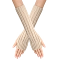 Close-up of beige cable knit fingerless gloves with elegant twist pattern texture - One Size / Deep Beige