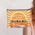 Detail of canvas pouch showing Here Comes The Sun print with retro van and black zipper - Vintage Van Style