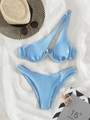 Light blue one-shoulder ribbed bikini set with underwire support and side cut-out design - XS / Light Blue