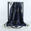 Navy blue satin square scarf with golden chain print and elegant white borders - 90*90cm / Navy Classic Carriage
