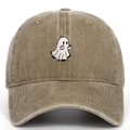 Close-up of ghost embroidery detail on khaki washed cotton vintage baseball cap - Khaki