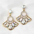 Bohemian gold fan-shaped drop earrings with iridescent crystals and shimmering accents - AB White