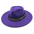 Detail of purple fedora hat featuring black and silver textured decorative ribbon band - Purple