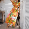 Bohemian V-neck maxi dress with colorful tropical floral print and elastic high waist - S / Colorful Fruit Floral