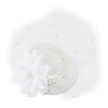 Elegant white bridal fascinator hat with delicate mesh veil and pearl flower accents - White