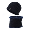 Detail view of winter knitted hat and neck gaiter set with thick blue fleece lining - Navy Blue Set