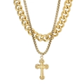 Double-layered gold stainless steel necklace with Cuban chain and cross pendant - Gold (KN201775-KFC)
