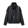 Women's streetwear loose black PU leather motorcycle jacket with stand collar and elastic hem - S / Black