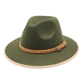 Chapeau fedora en laine vert olive de style britannique avec bordure et bande beige - M (56-58cm) / Vert Armée