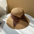 Khaki straw sun hat with large coffee brown bow detail for summer UV protection - M(56-58cm) / Brown