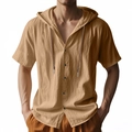 Men's casual khaki hooded short sleeve shirt with drawstring and button design - Earthy Yellow