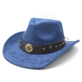 Detail of blue suede cowboy hat with brown leather band and vintage metal floral studs - M (56-59cm) / Navy Blue