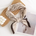 Elegant beige silk-like scarf with minimalist dark brown floral line art pattern - 65*65cm / Beige Pink Floral