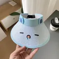 Sky blue kids empty top sun hat with cartoon embroidery and built-in cooling fan - Straw Woven Style / 眯眯眼 Straw Hat-Blue
