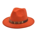 Detail of orange fedora hat featuring a brown leather band with ethnic shell ornaments - M (56-58cm) / Caramel color