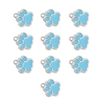Close-up of ten light blue enamel pet paw alloy pendants for DIY jewelry making - Blue
