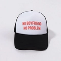 Front detail of black and white trucker hat with red No Boyfriend No Problem slogan print - One Size / Black (Red Text)