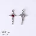 Gothic silver cross pendant with red heart gemstone and liquid metal texture - 84435 Red