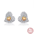 S925 sterling silver heart-shaped stud earrings with yellow stone and white zircon - Yellow Heart Hollow Stud - Silver