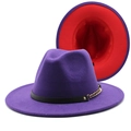 Two-tone wool fedora hat in deep purple and red with black leather band and gold chain - Purple + Red