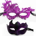 Maskenball-Set mit rosa Spitzenmaske und schwarz-lila Glitzer-Halbmaske für Partys - Phoenix Stil-Schwarz Lila Set
