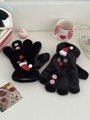 Detalle de mitones de felpa de muñeco de nieve negro con mini gorro y botón de cuadros - Guantes de 5 dedos / Negro