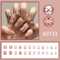 Nude-rosa Kunstnägel mit Silber-Spiegel-Finish und rotem Schleifendesign, Set A3133 - Pfirsichrosa Schleife Silber Spiegel French Stil (A3133) / 24 Stück/Box (Mit Kleber)
