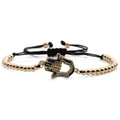 Gold Hamsa Hand beaded bracelet with blue enamel and sparkling cubic zirconia crystals - Copper Beads Black Rope