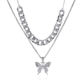 Silver cuban link and tennis choker set with sparkling butterfly pendant in hip-hop style - Silver Double Layer (Cuban Chain + Butterfly Pendant)