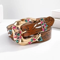 Brown leather fashion belt with golden engraved buckle and colorful gemstone inlays - 105cm / Feather Style